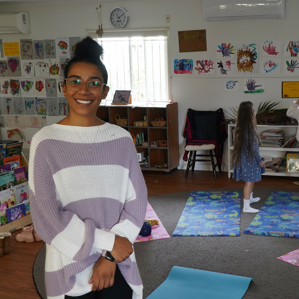 Woman in a classroom with children on yoga mats